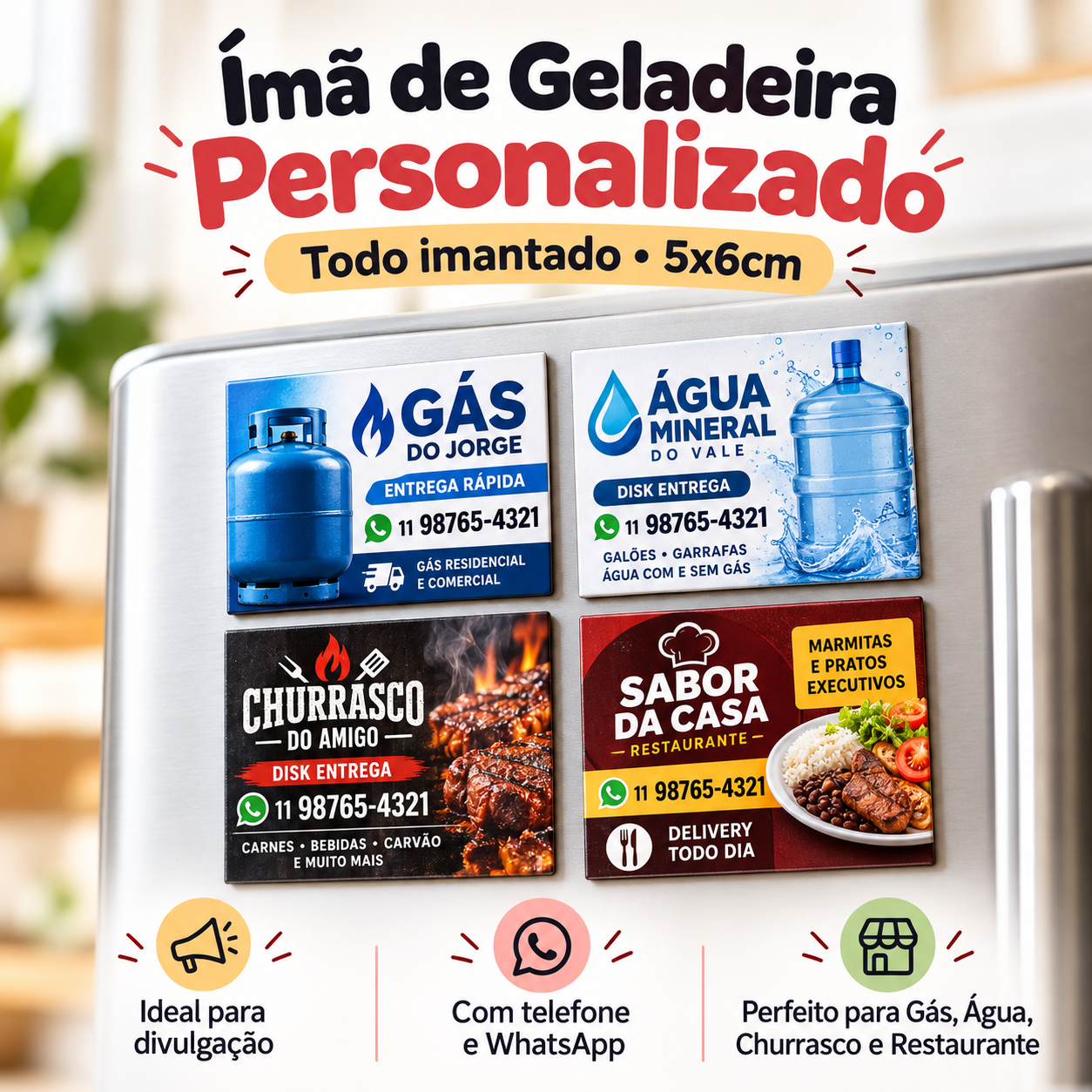 500 Ímãs de Geladeira Personalizado 5x6cm – Totalmente Imantado para Empresas