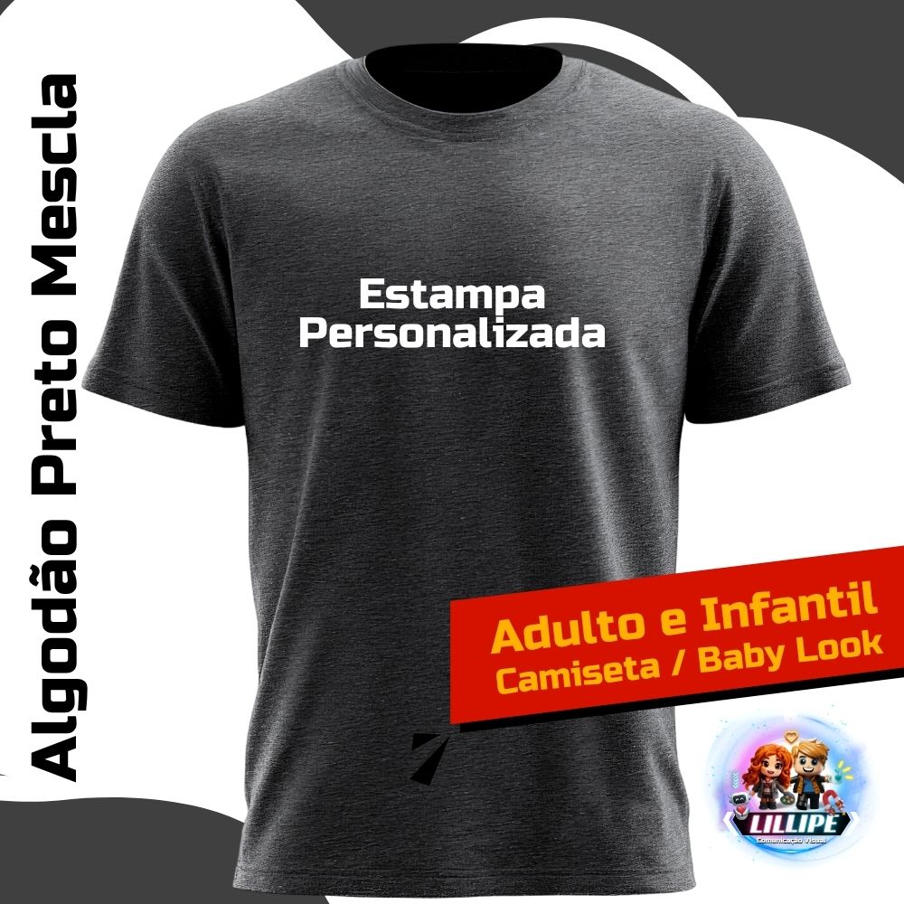 Camiseta Algodão Preto Mescla Personalizada