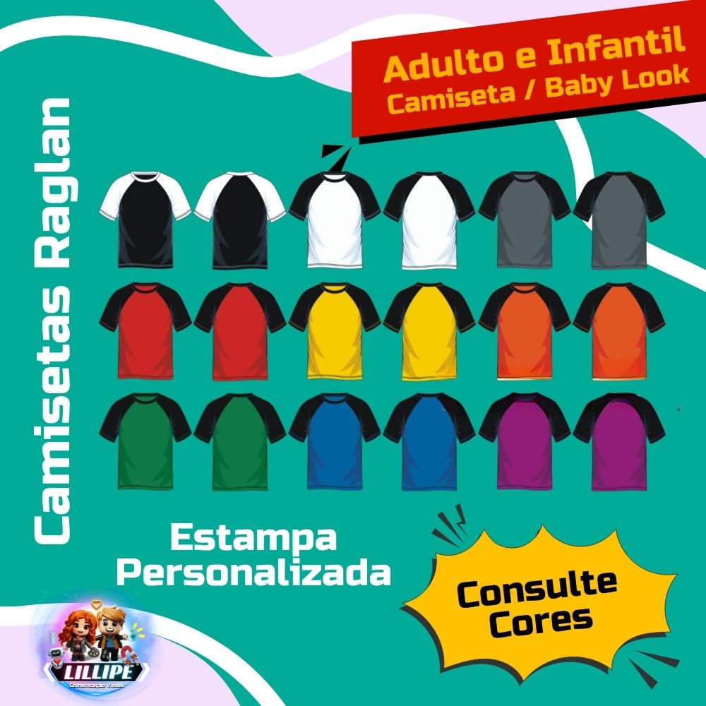 Camiseta Raglan Cores 100% Poliéster Personalizada
