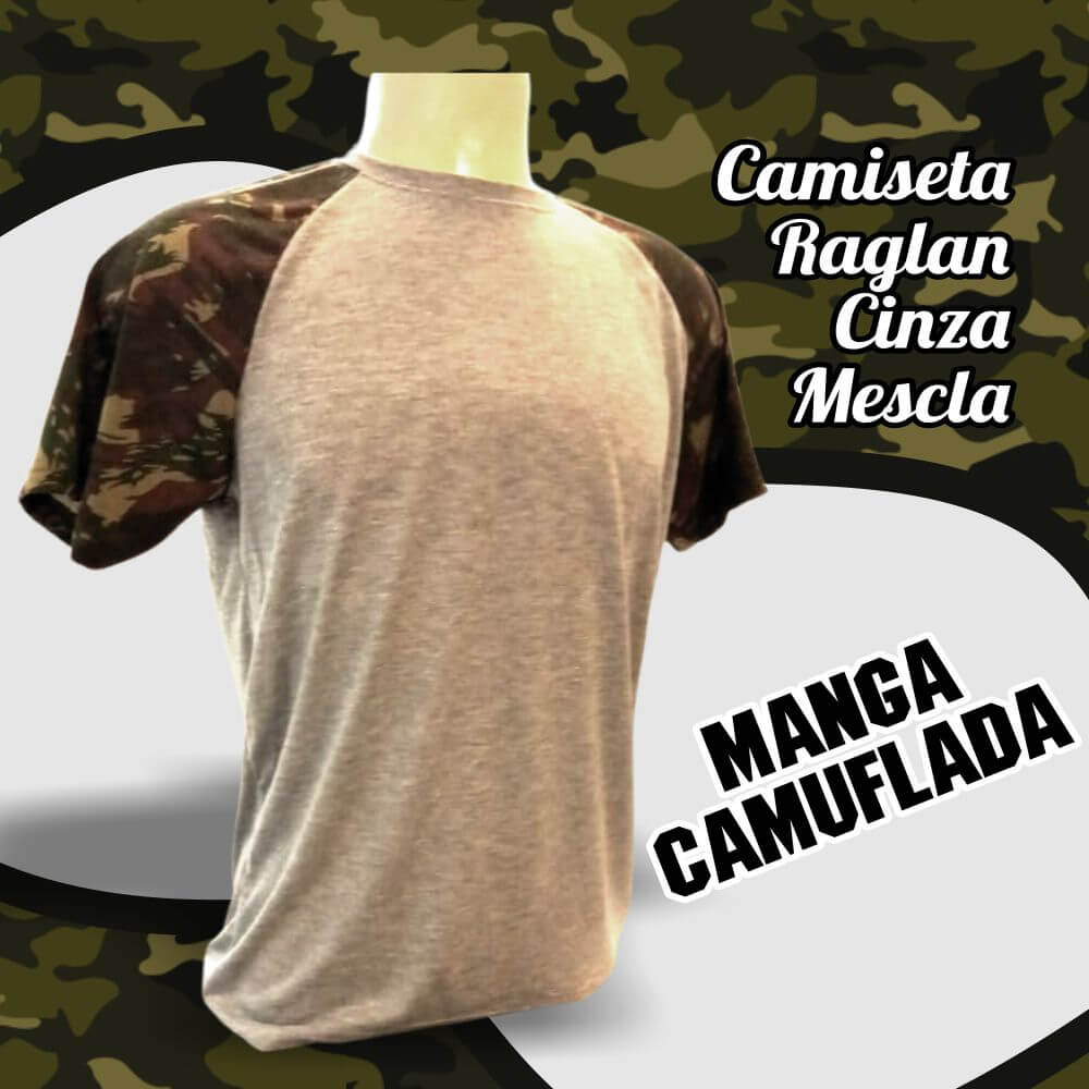 Camiseta Raglan Cinza Mescla Manga Camuflada