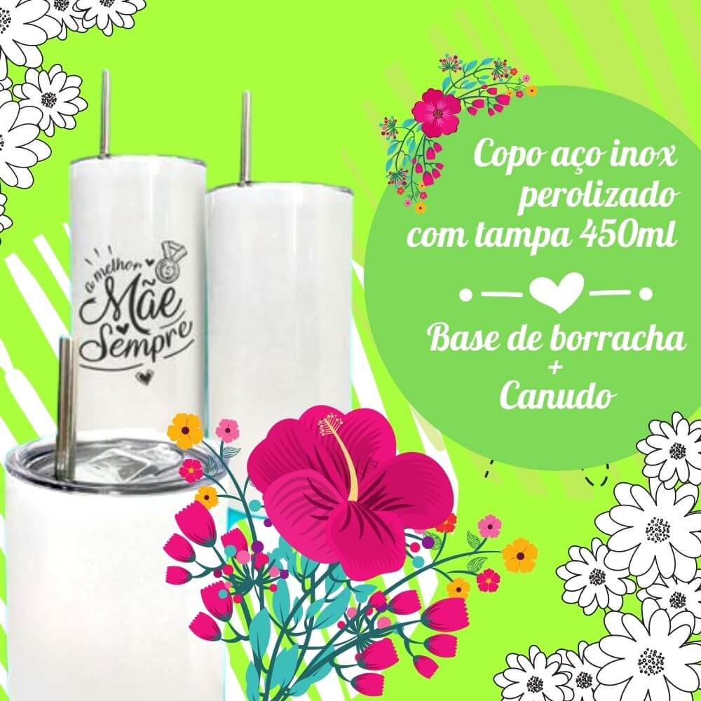 Copo Aço Inox com Tampa e Canudo