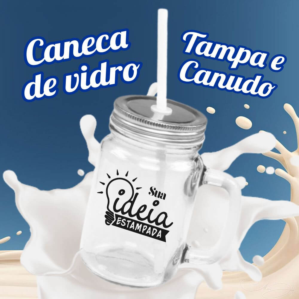 Caneca de Vidro com Tampa e Canudo