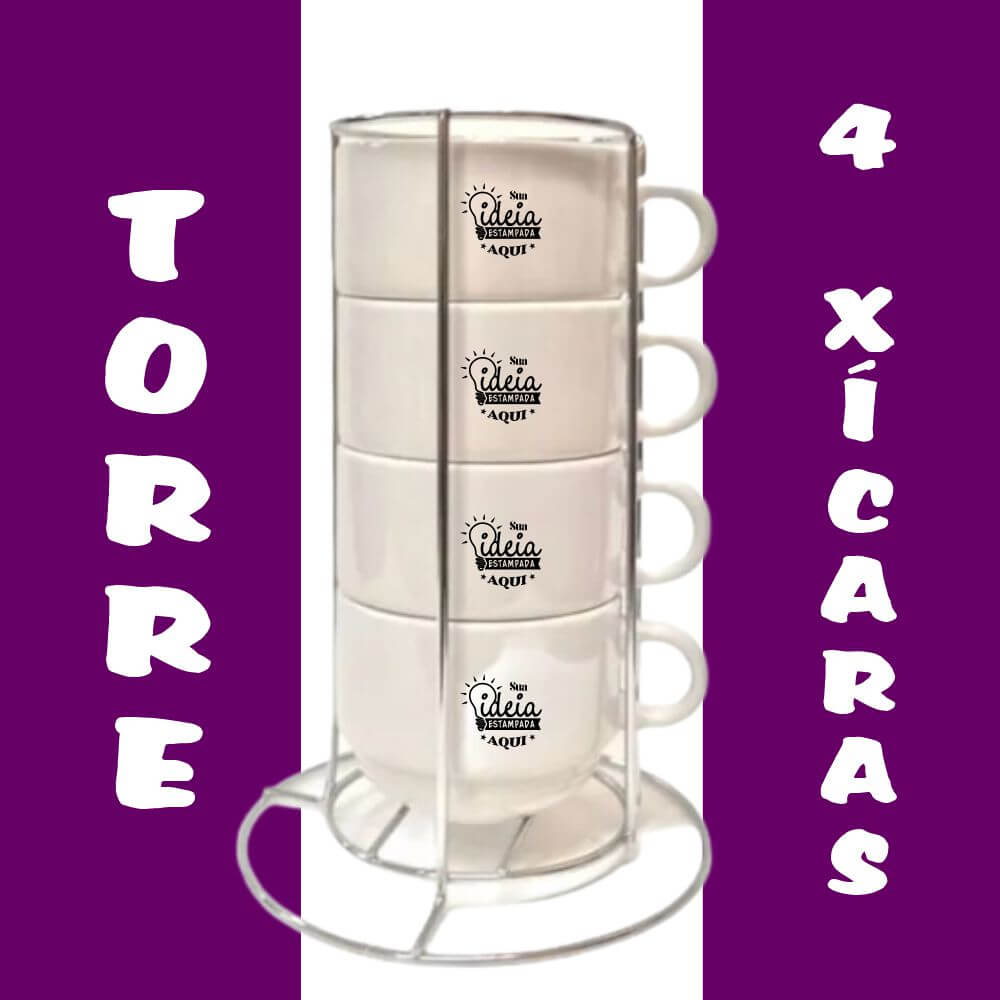 Torre com 4 xícaras e suporte de metal